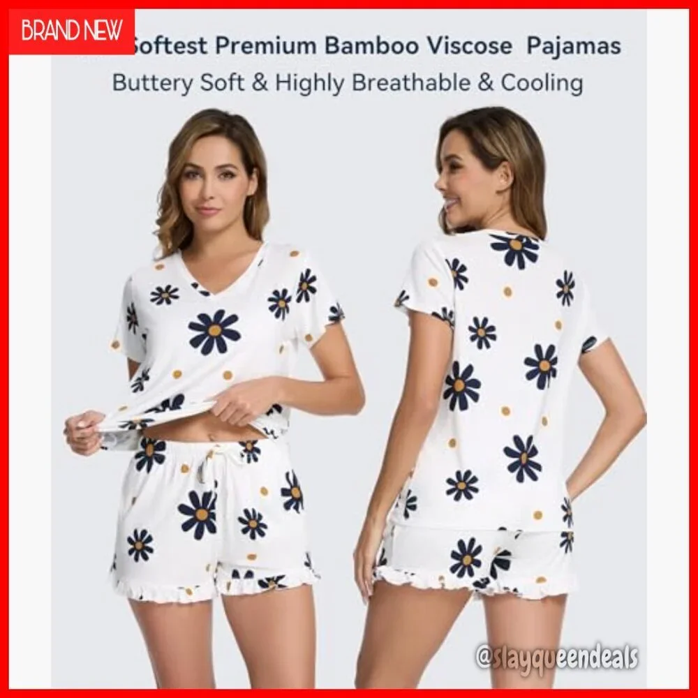 Bamboo Viscose Pajama Set Short Sleeve Top Ruffle Shorts Sleepwear S-XXL